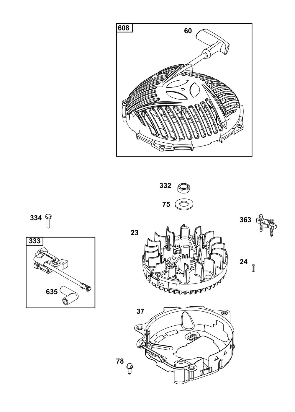 Flywheel/Ignition/Starter Group Diagram and Parts List for 123P02-0002-H5 100000 - 19Z999 Briggs and Stratton Engine